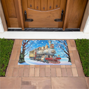 Festive Christmas watercolor train Doormat