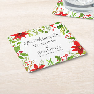 Festive Christmas Wedding Floral Personalized Square Paper Coaster
