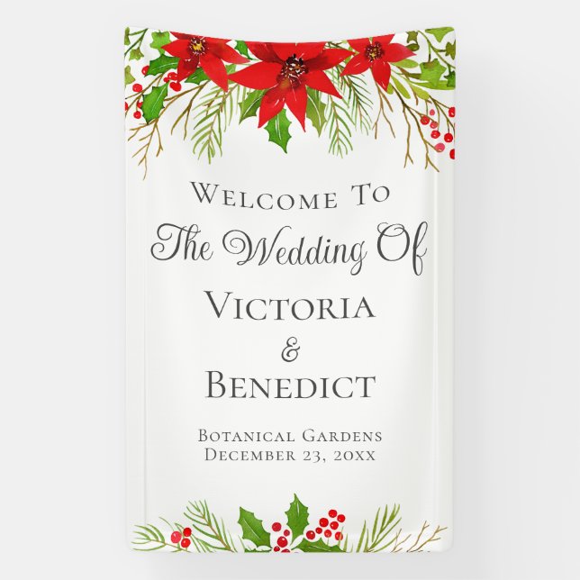 Festive Christmas Wedding Poinsettia Personalised Banner (Vertical)
