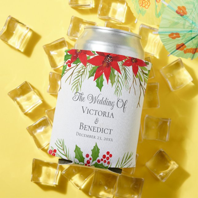 Festive Christmas Wedding Poinsettia Personalised Can Cooler (In Situ Summer)