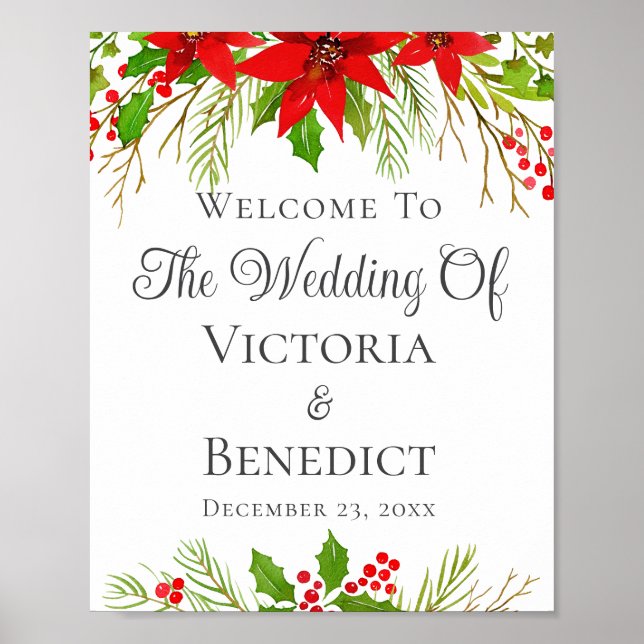 Festive Christmas Wedding Poinsettia Personalised Poster (Front)