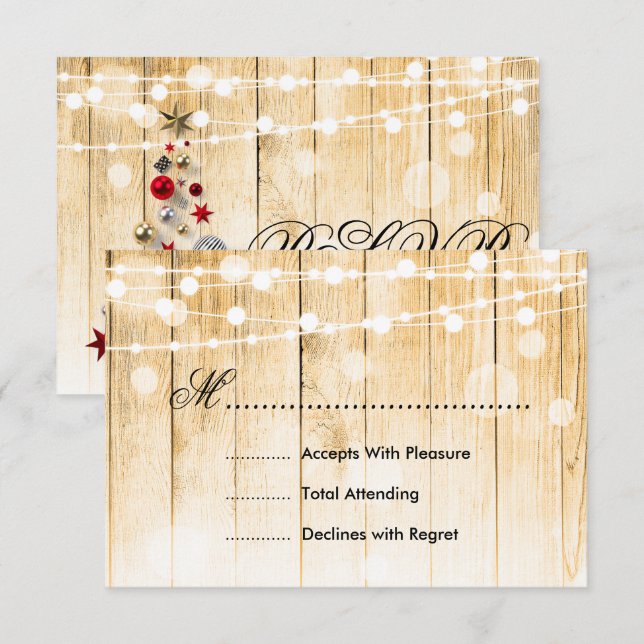 Festive Christmas Wedding RSVP Tree Lights Ribbon Card (Front/Back)