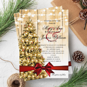 Festive Christmas Wedding Tree Lights & Red Ribbon Invitation