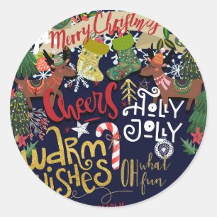 Festive Christmas Whimsical Holiday Card Favour Classic Round Sticker