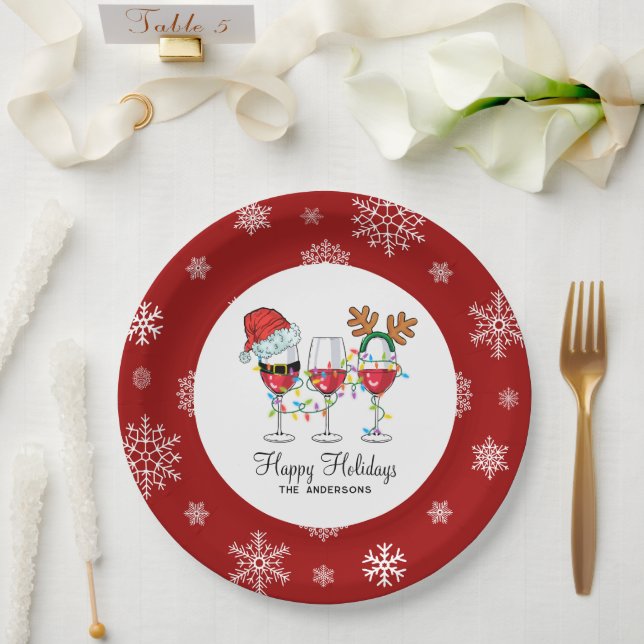 Festive Christmas Wine Glasses Happy Holidays Paper Plate (Wedding)