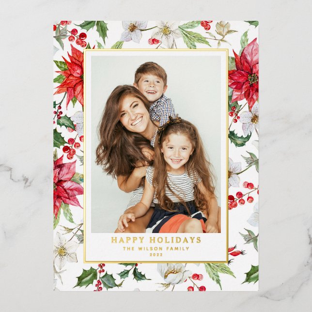 Festive Christmas Winter Floral Pattern Photo Foil Holiday Postcard (Front)