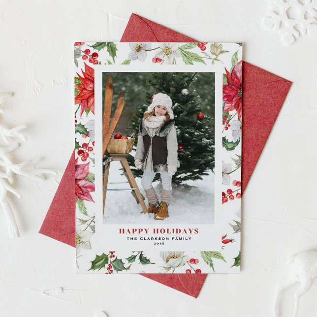 Festive Christmas Winter Floral Pattern Photo Holiday Card (Festive Winter Floral Pattern Happy Holidays Photo Holiday Card)