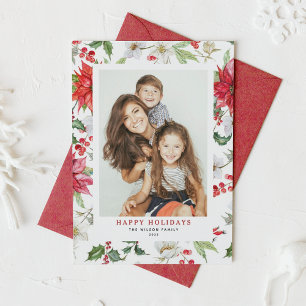 Festive Christmas Winter Flowers Pattern Photo Holiday Card