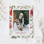 Festive Christmas Winter Flowers Pattern Photo Holiday Postcard<br><div class="desc">Happy Holidays! Give warm holiday greetings to your family and friends with this customisable photo holiday postcard. It features watercolor botanical pattern of red poinsettia, winterberries, holies, paperwhites and greenery accents. Personalise this watercolor holiday postcard by adding your own details. This floral holiday postcard is available in a variety of...</div>