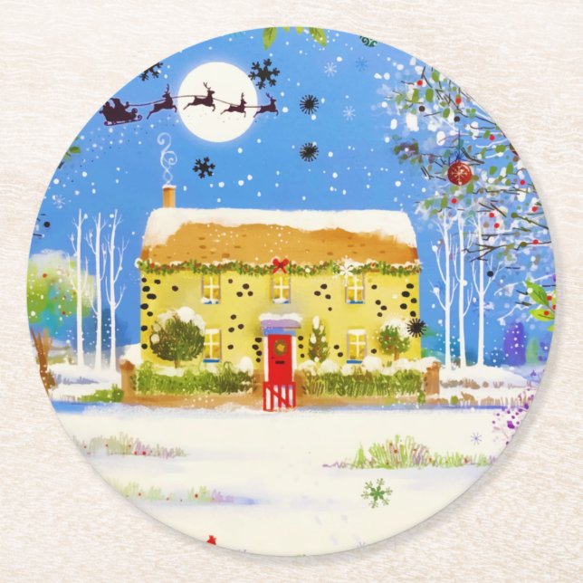 Festive Christmas Winter Home Watercolor Round Paper Coaster (Front)