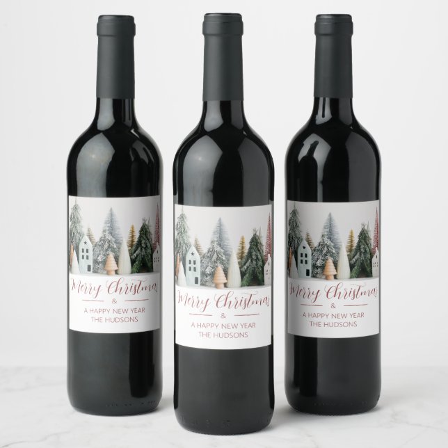 Festive Christmas Winter Snow Village  Wine Label (Bottles)