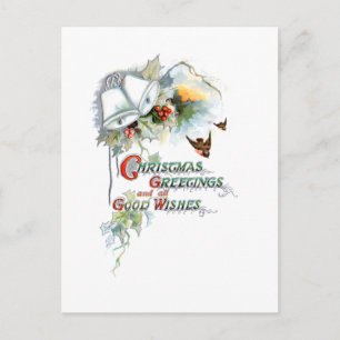 Festive Christmas Wishes, Bells, Robins and Holly Postcard