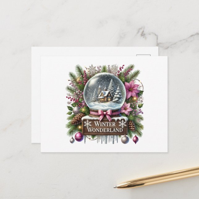 Festive Christmas wonderland snow globe Holiday Postcard (Front/Back In Situ)
