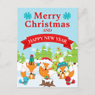 Festive Christmas Woodland Fox Friends Holiday Postcard
