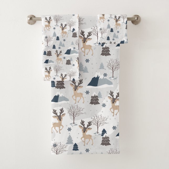 festive Christmas woodland reindeer Bath Towel Set (Insitu)