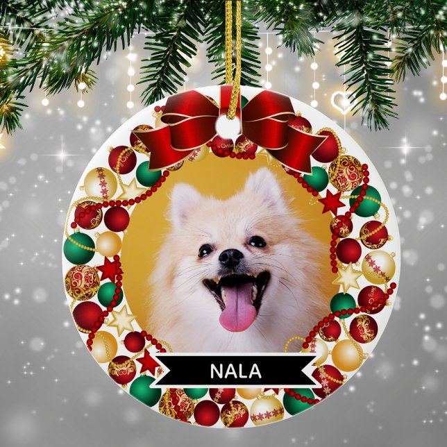 Festive Christmas Wreath Custom Dog Pet Photo  Ceramic Tree Decoration (Pomeranian ornament)