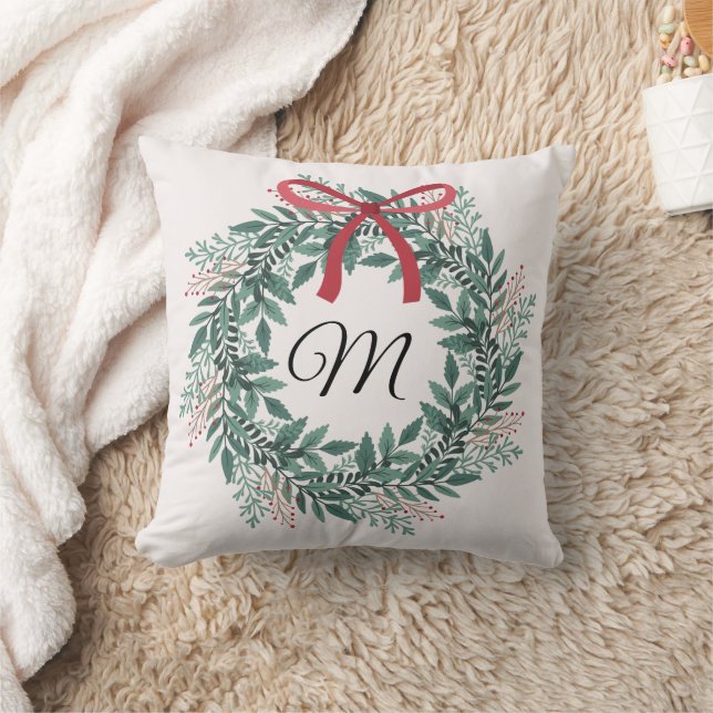 Festive Christmas Wreath Custom Initial Cushion (Blanket)