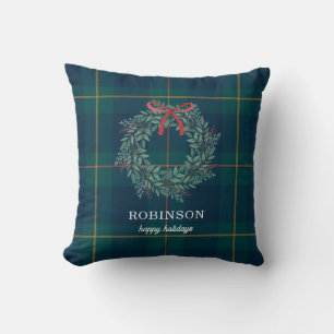 Festive Christmas Wreath Family Name Holiday Cushion