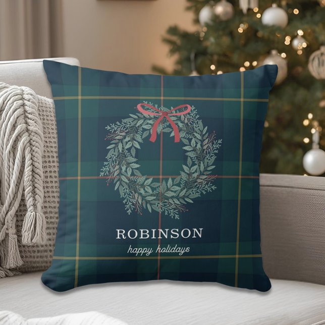Festive Christmas Wreath Family Name Holiday Cushion (Creator Uploaded)