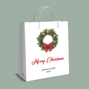 Festive Christmas wreath gift bag personalized tag