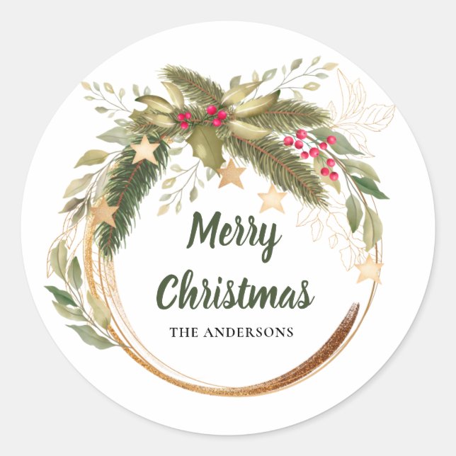 Festive Christmas Wreath Greenery Family Name Classic Round Sticker (Front)