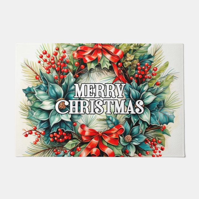 Festive Christmas Wreath | Happy Holidays Doormat (Front)