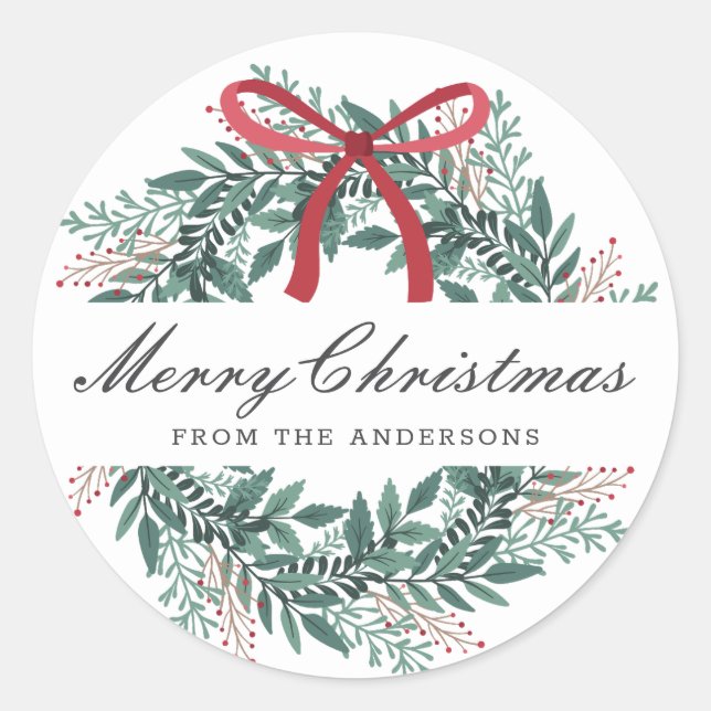 Festive Christmas Wreath Holiday Gift Classic Round Sticker (Front)
