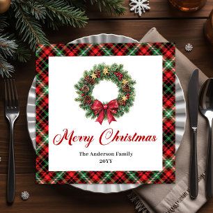 Festive Christmas Wreath in Red Green Plaid Napkin