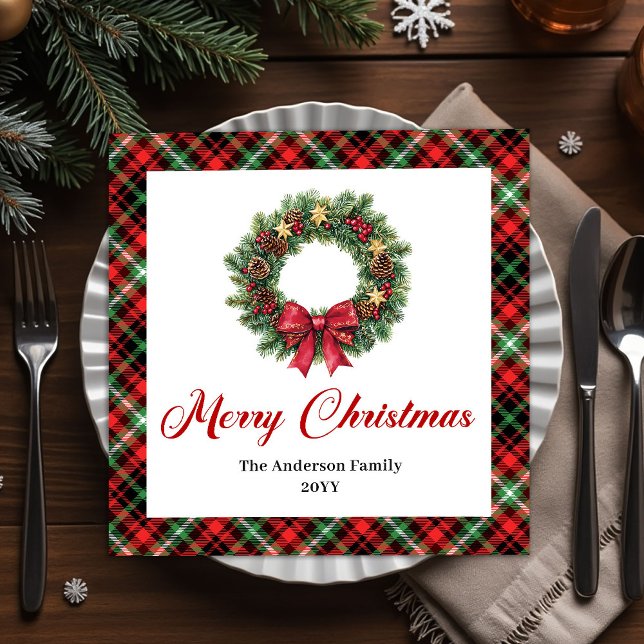 Festive Christmas Wreath in Red Green Plaid Napkin (Festive Christmas Wreath in Red Green Plaid Paper Dinner Napkins)