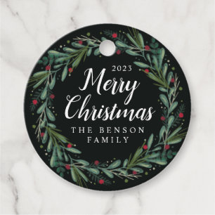 Festive Christmas Wreath Leaves Berries Round Favour Tags