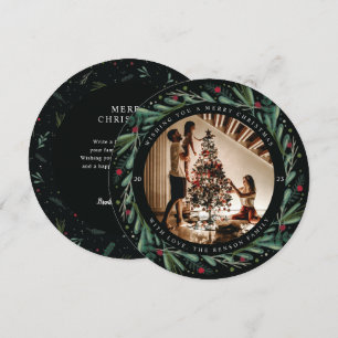 Festive Christmas Wreath Leaves Berries Round Pic Card