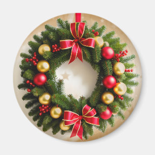 Festive Christmas Wreath on Starry Gold Magnet