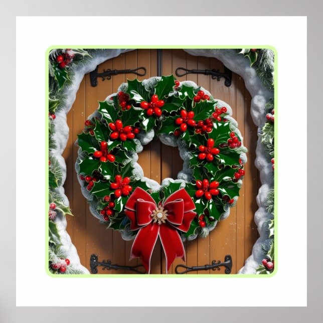Festive Christmas Wreath on Wooden Door Poster (Front)