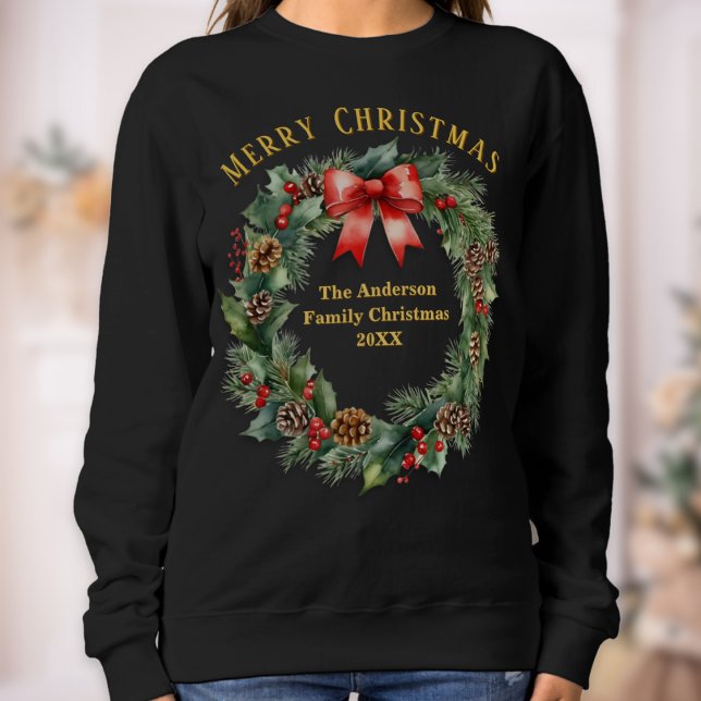 Festive Christmas Wreath Personalised Sweatshirt (A Christmas sweatshirt with rustic wreath of greenery, berries and red bow, and customizable text)