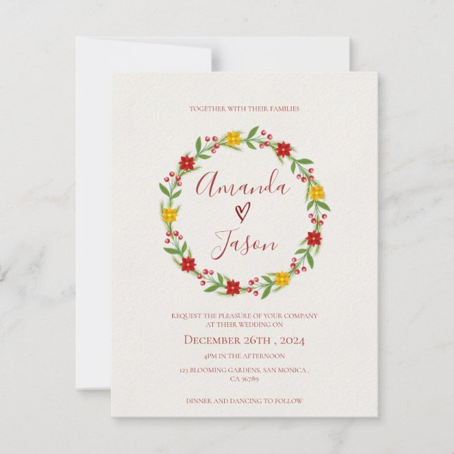 Festive Christmas Wreath Red Green Floral wedding  Invitation (Front)