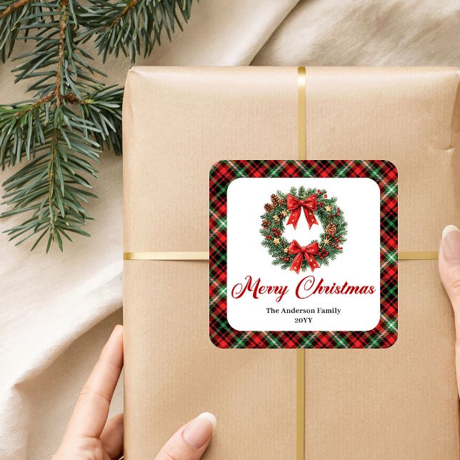Festive Christmas Wreath Red Green Plaid Labels (Festive Christmas Wreath Red Green Plaid Label)