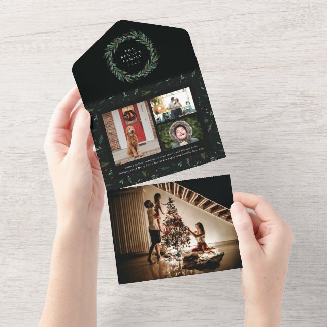 Festive Christmas Wreath Teal 4 Photo Holiday All In One Invitation (Tearaway)