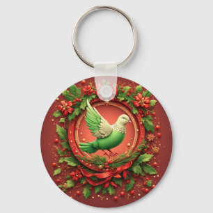Festive Christmas Wreath With Green Dove Key Ring