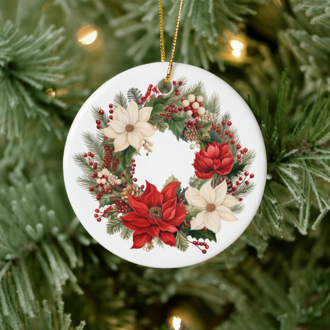 Festive Christmas Wreath with Poinsettia Ceramic Tree Decoration (Tree)