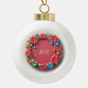 Festive Christmas Wreath with Red Poinsettias Ceramic Ball Christmas Ornament