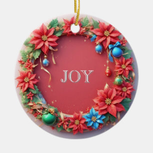 Festive Christmas Wreath with Red Poinsettias Ceramic Tree Decoration