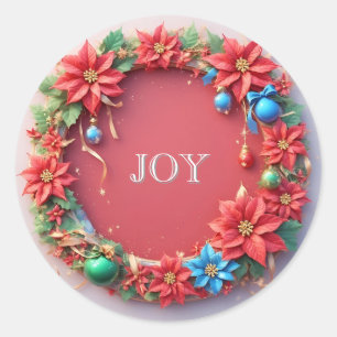 Festive Christmas Wreath with Red Poinsettias Classic Round Sticker
