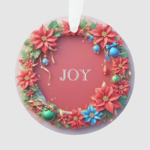 Festive Christmas Wreath with Red Poinsettias Ornament
