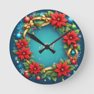Festive Christmas Wreath with Red Poinsettias Round Clock
