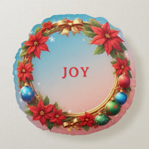 Festive Christmas Wreath with Red Poinsettias Round Cushion