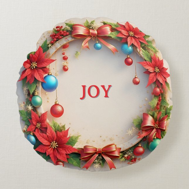 Festive Christmas Wreath with Red Poinsettias Round Cushion (Front)