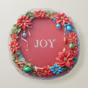 Festive Christmas Wreath with Red Poinsettias Round Cushion