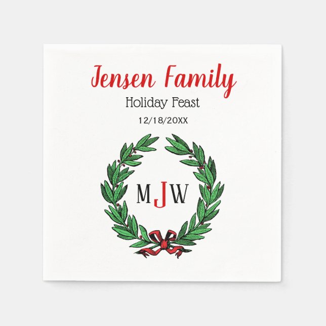 Festive Christmas Xmas Holly Wreath Monogram Napkin (Front)