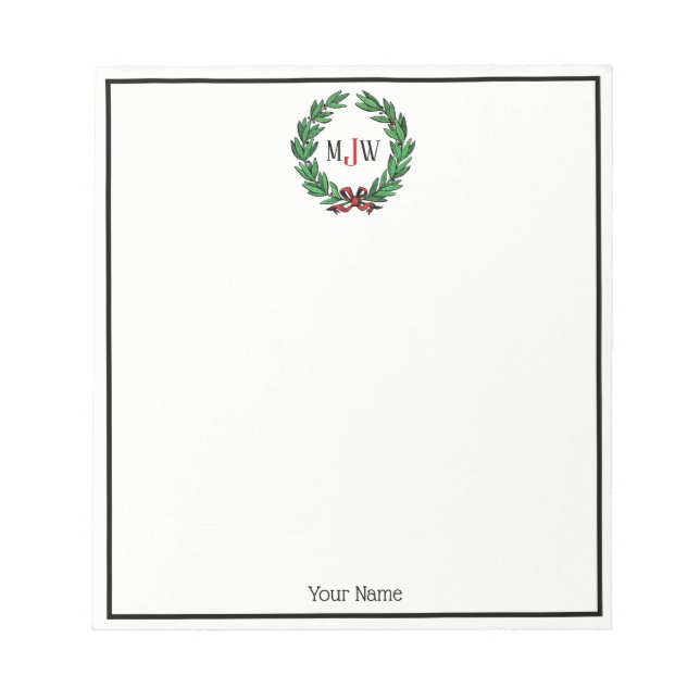 Festive Christmas Xmas Holly Wreath Monogram Notepad (Front)