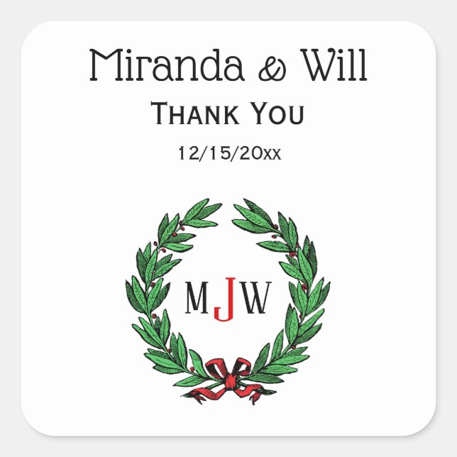 Festive Christmas Xmas Holly Wreath Monogram Square Sticker (Front)
